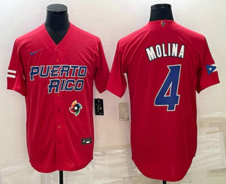 Men%27s Puerto Rico Baseball #4 Yadier Molina 2023 Red World Baseball Classic Stitched Jersey